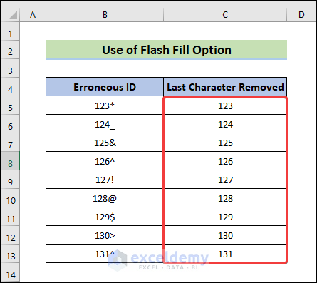 The final output of the flash fill option