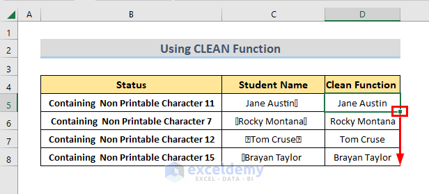 result of remove non-printable characters using clean function 