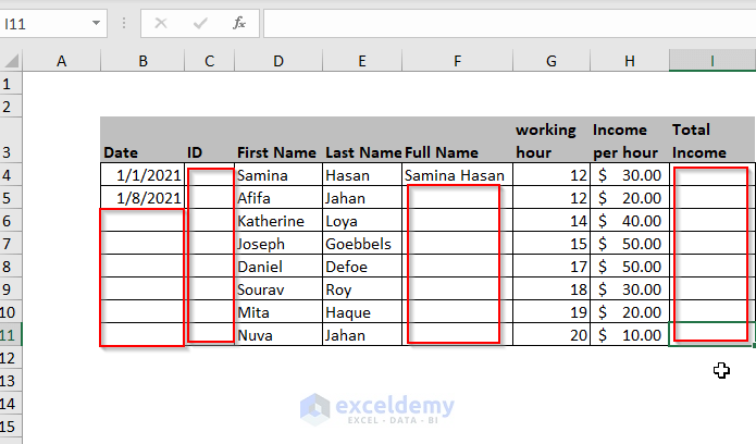Dataset of repeat formula pattern in Excel
