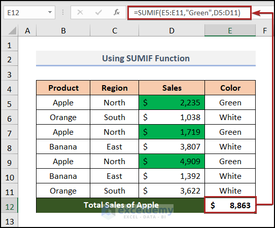 sum colored cells in excel without vba