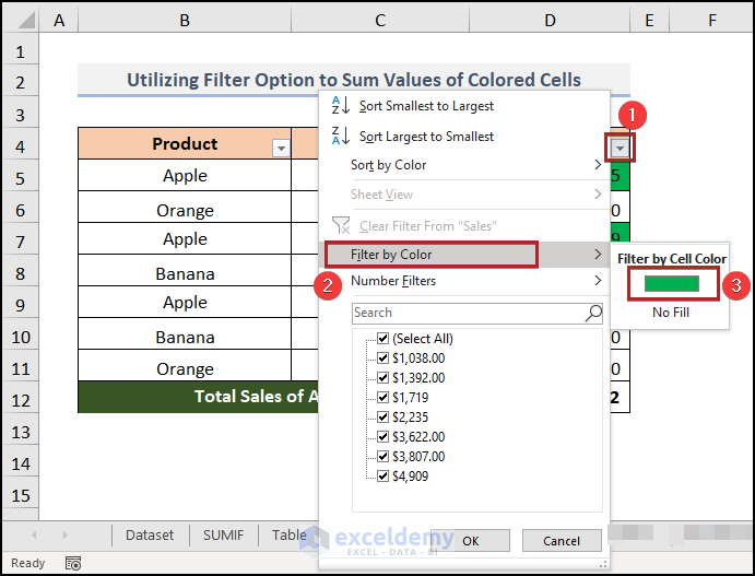 Filter by color to sum colored cells in excel without vba