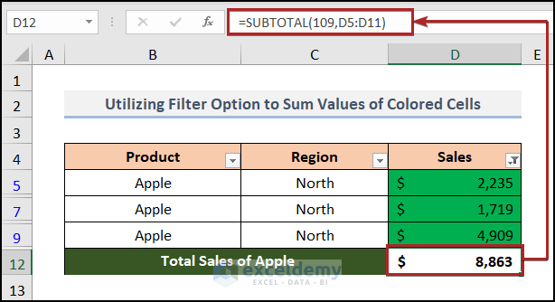 Utilizing Filter Option to Sum Colored Cells in Excel