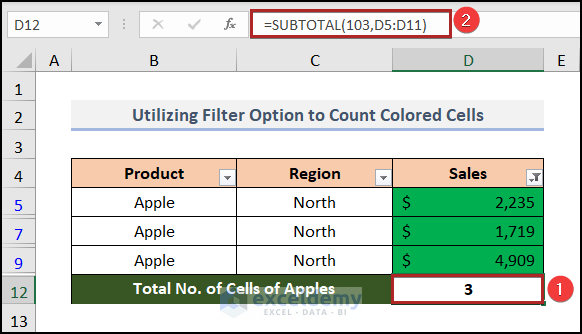 Utilizing Filter Option to Sum Count of Colored Cells in Excel without VBA