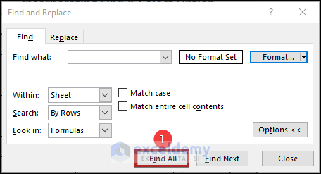 Find and Replace dialog box in Excel to sum colored cells