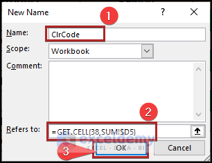 Applying GET.CELL Method to sum colored cells in excel