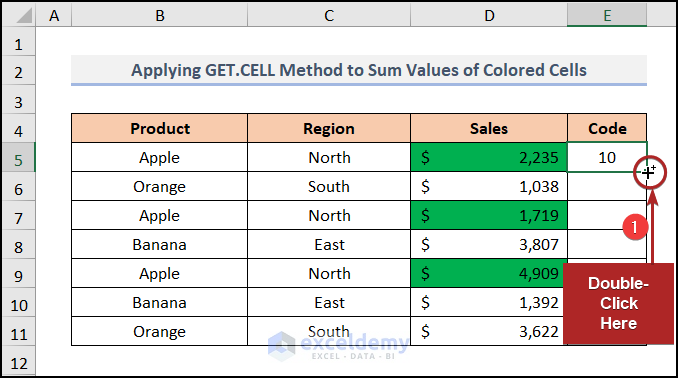 using Fill Handle to sum colored cells in Excel