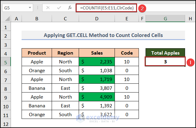 Applying GET.CELL Method to sum count of colored cells in Excel