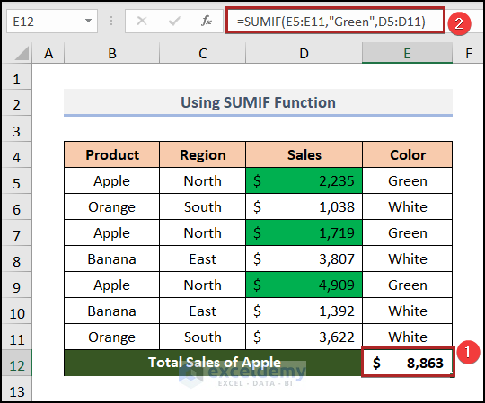 Using SUMIF Function to sum colored cells in excel without vba