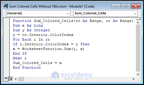 VBA code to sum colored cells in excel