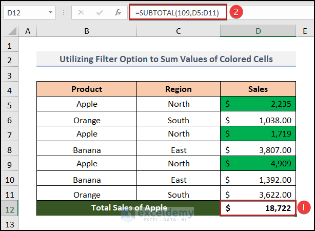 SUBTOTAL function to sum colored cells in excel