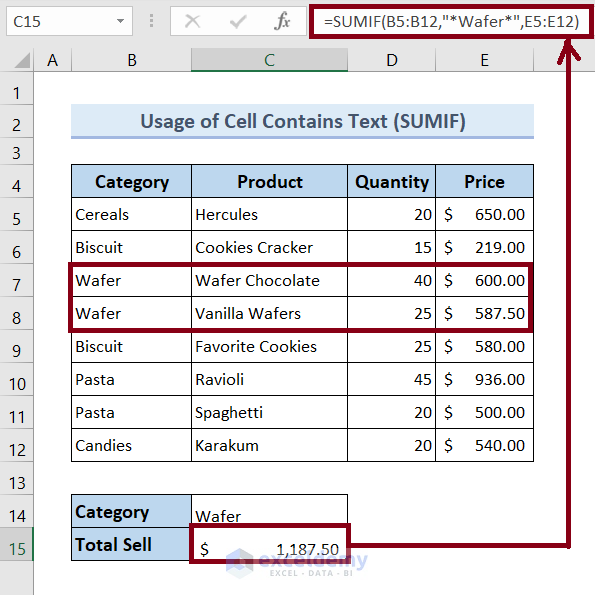 Sum If Cell Contains Specific Text in Excel Using SUMIF Function