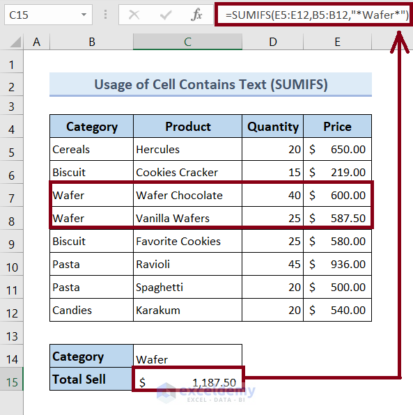 Add up If Cell Contains Text Using SUMIFS Function in Excel