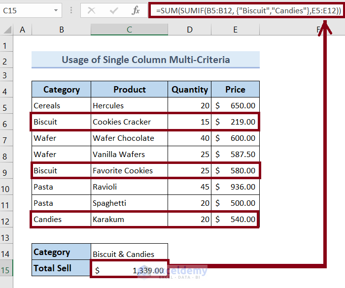 Calculate the Total Price If Cell Contains Text with Multiple AND Criteria in Excel within a single column