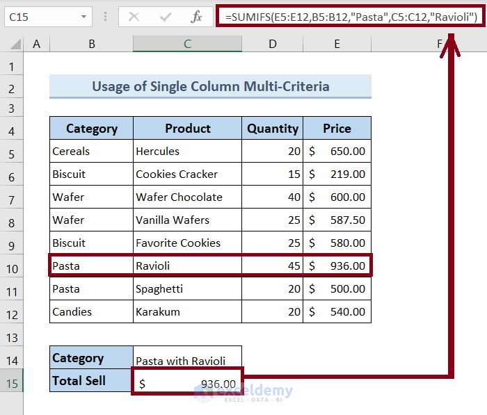 Calculate the Total Price If Cell Contains Text with Multiple AND Criteria in Excel within multiple columns