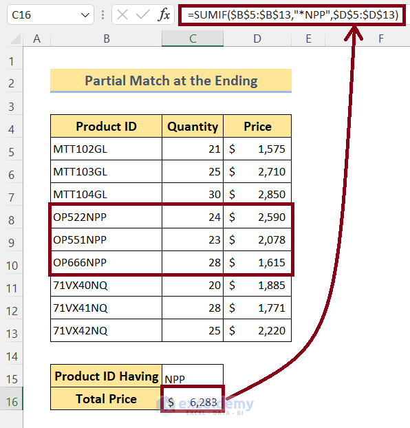 Excel SUMIF: Partial Match at the Ending