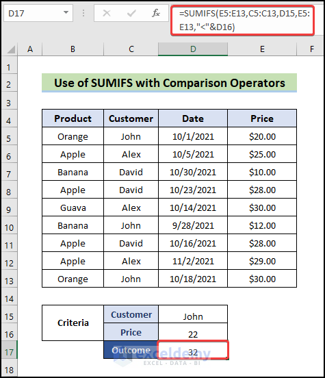 SUMIFS, comparsions operators with Multiple Criteria Along Column and Row in Excel