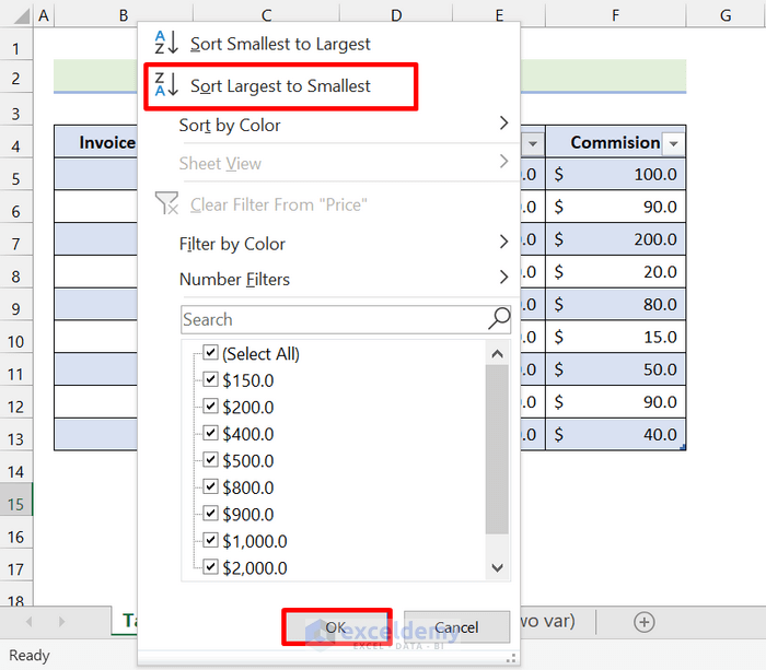 select dropdown of pric ein excel