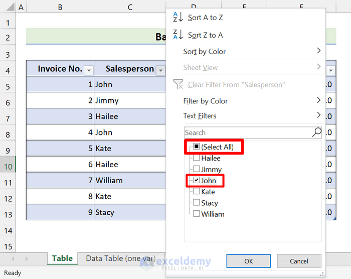 filter the column in table function excel