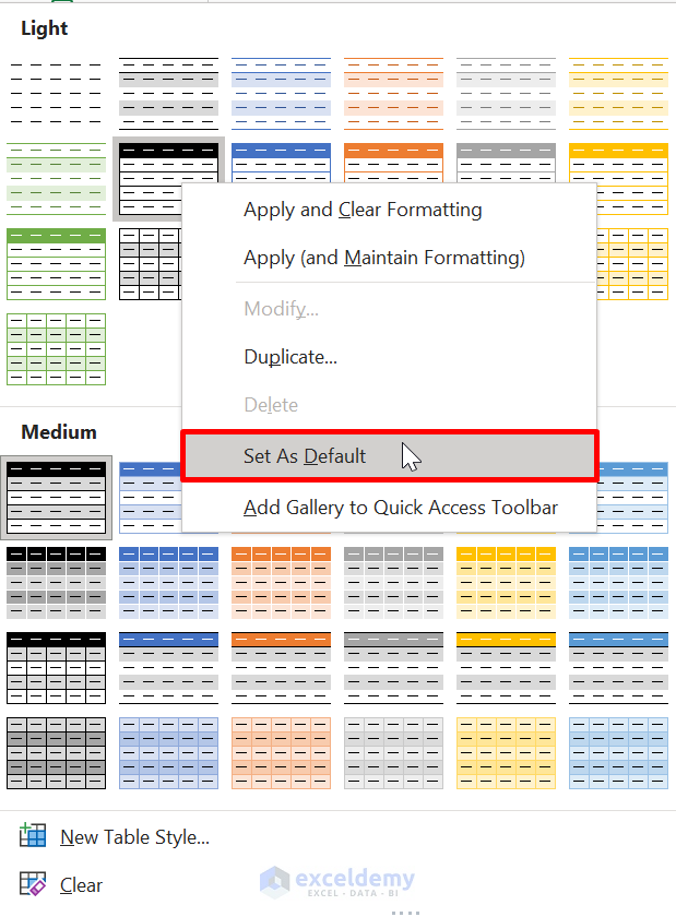 set default table style in excel
