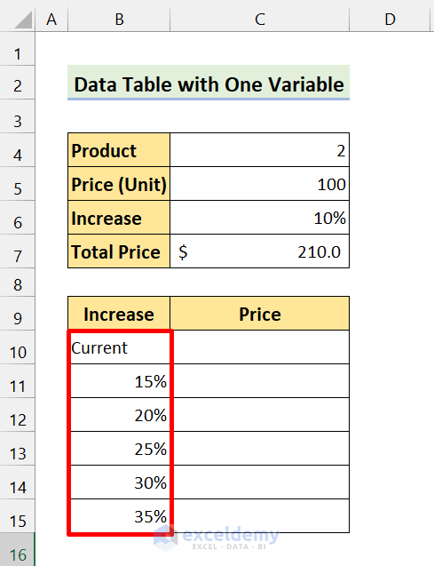 type this in increase table in excel