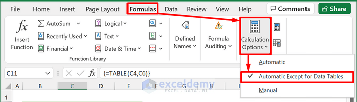 recalculate data table function results in excel