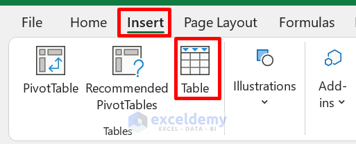 Table in insert tab in excel