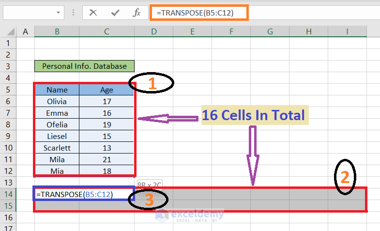 transpose array in excel using transpose function