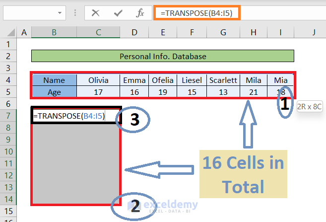transpose array in excel using transpose function 2