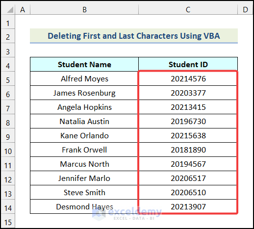 Output got after deleting the First and the Last Characters Using VBA in Excel