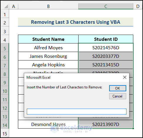 Message box to enter the number of characters to remove
