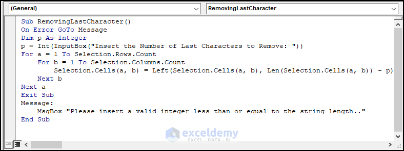 Writing VBA code to Remove Last Character from String Using VBA in Excel
