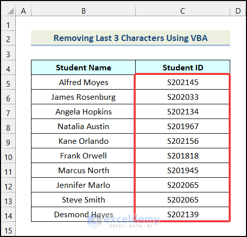Output obtained after removing Last 3 Characters from the String Using VBA in Excel