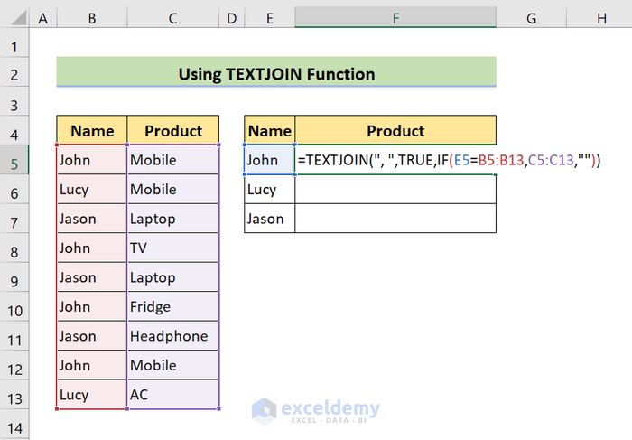 textjoin and if functions to vlookup multiple values in one cell