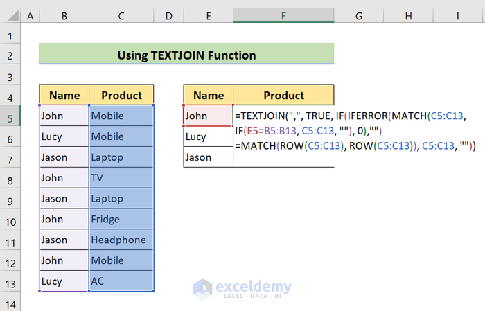 textjoin and match functions to vlookup multiple values in one cell