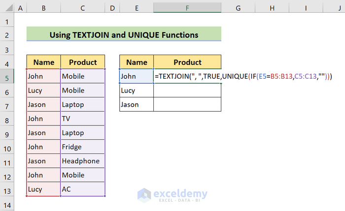 textjoin and unique functions to lookup values