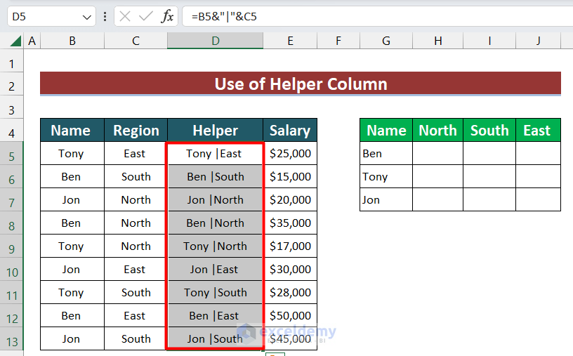 Insertion of a Helper Column to VLOOKUP with Multiple Conditions in Excel