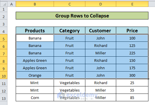 Collapse Rows in Excel 