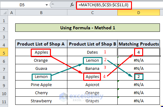 Align Matching Values in Two Columns in Excel method one