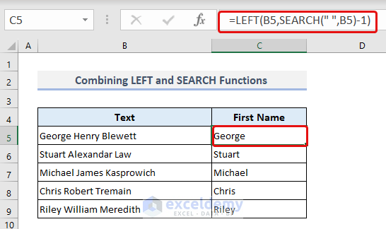Applying a combination of LEFT and SEARCH functions