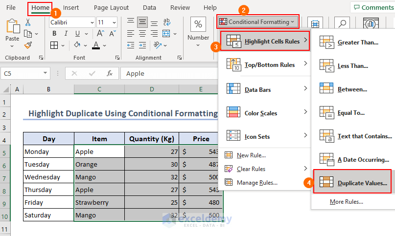 Using conditional formatting to highlight duplicates in Excel