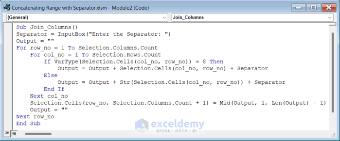 Code for Concatenating column values