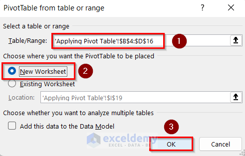 PivotTable from table or range dialog box