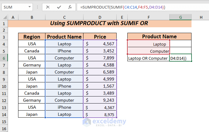 Using SUMIF OR with SUMPRODUCT