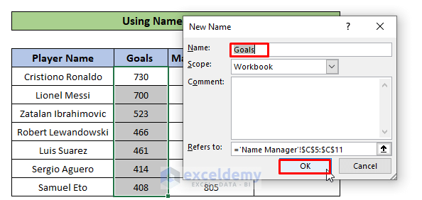 Name a group of cells using name manager