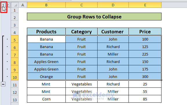 Collapse Rows in Excel 