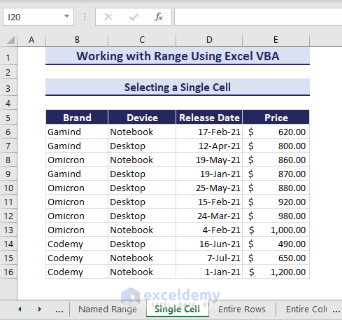 Selecting a cell with VBA range object dataset