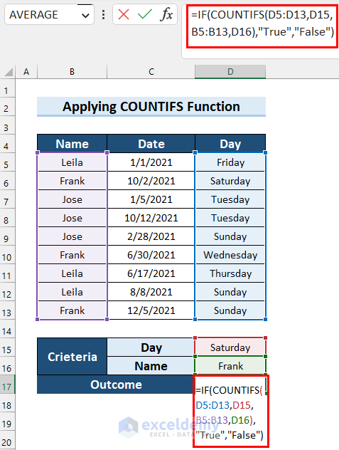 Applying COUNTIFS Function for Weekday with Condition