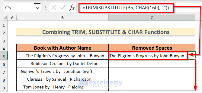 Combining TRIM, SUBSTITUTE & CHAR Functions to remove spaces