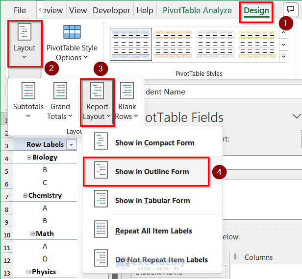 Selecting Outline Form from Report Layout