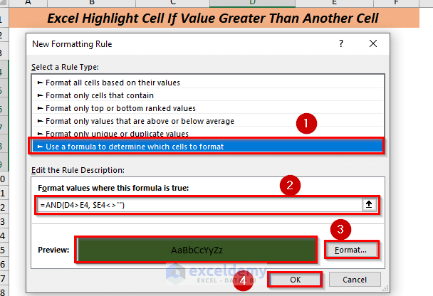 Using Greater Than Equal (>) For Blank Cell to Highlight Cell If Value Greater Than Another Cell